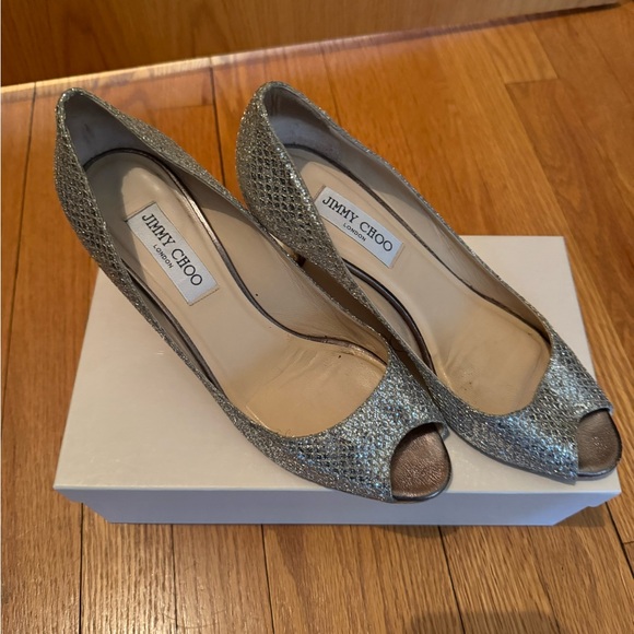 Jimmy Choo Shoes - Jimmy Choo Silver Isabel Peep Toe Heels